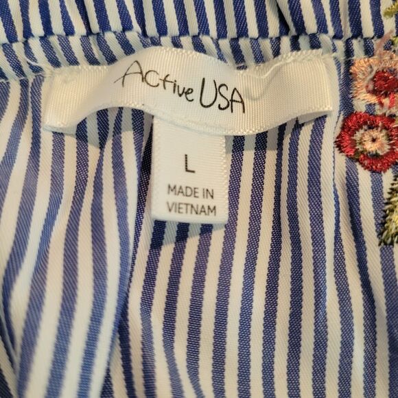 Active USA Blue and White Striped On/Off Shoulder Embroidered Top - Picture 7 of 8